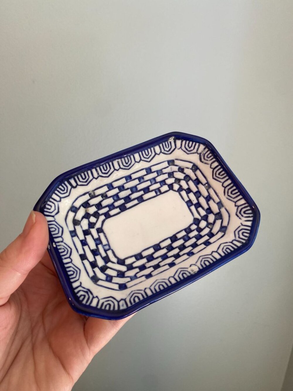 Blue & White Ceramic Rectangular Soap Dish With Geometric Pattern